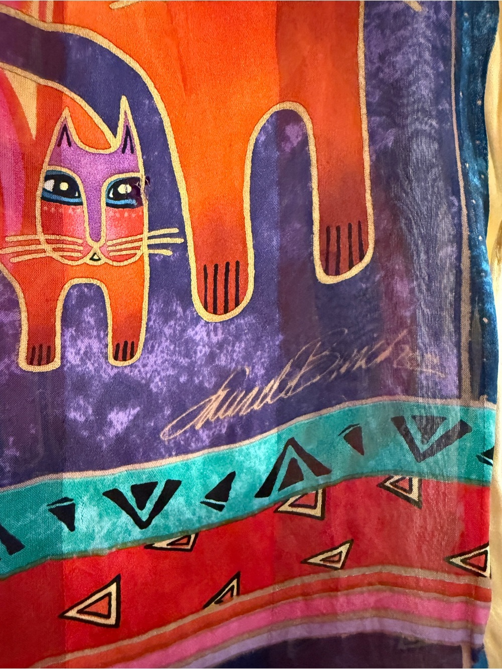 Laurel Burch Silk Scarf Cat Motif Vibrant - Small Flaw